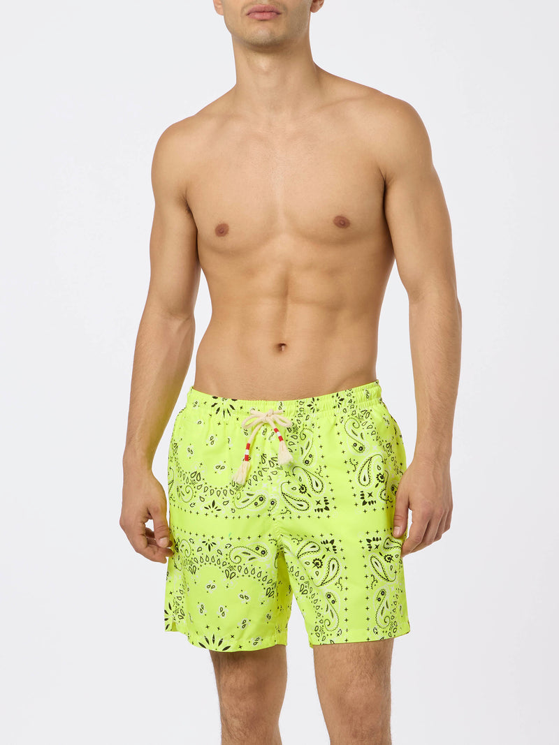 Man swim shorts with fluo yellow bandanna print