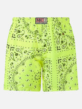 Man swim shorts with fluo yellow bandanna print