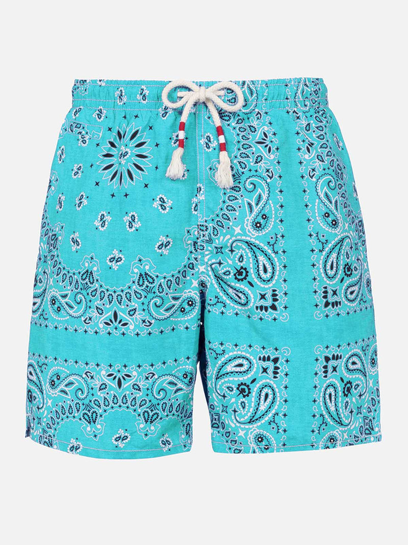 Man swim shorts with water green bandanna print