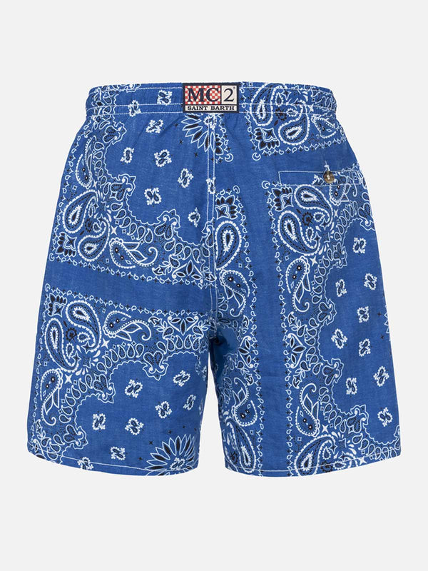 Man swim shorts with denim bandanna print