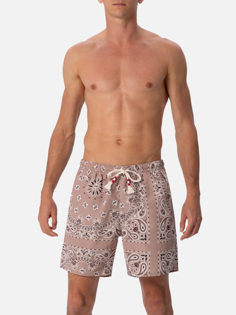 Man mid-length beige bandanna swim-shorts Caprese