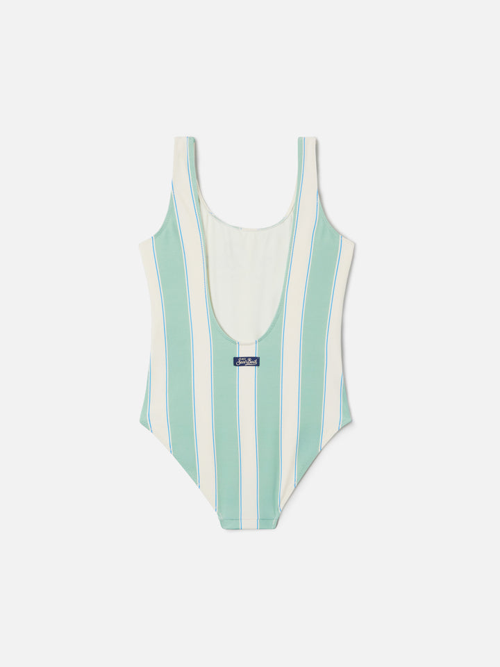 Cara green and white striped one-piece swimsuit with Beach Club print