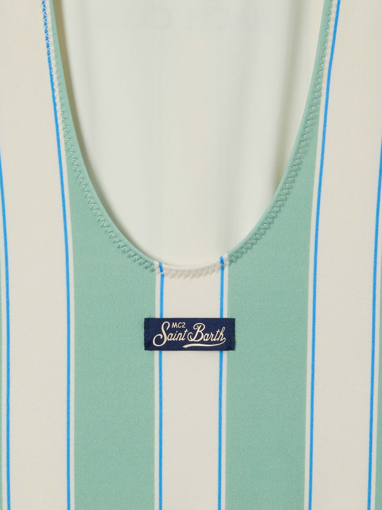 Costume intero Cara a righe verdi e bianche con stampa Beach Club