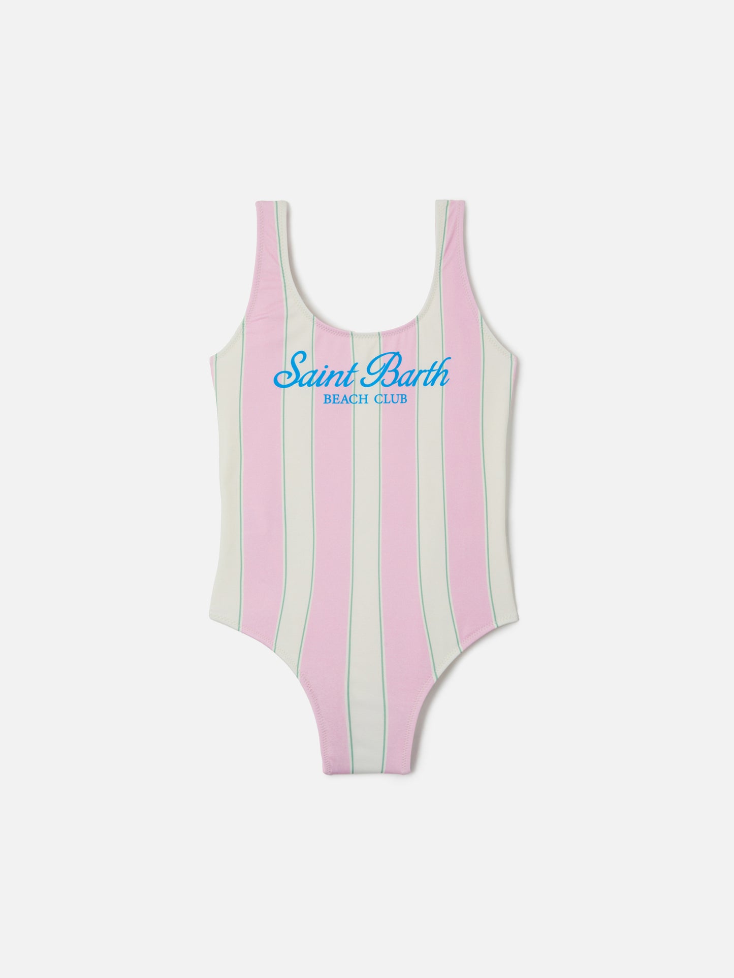 Costume intero Cara a righe rosa e bianche con stampa Beach Club