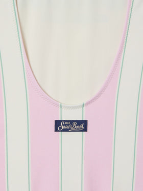 Costume intero Cara a righe rosa e bianche con stampa Beach Club