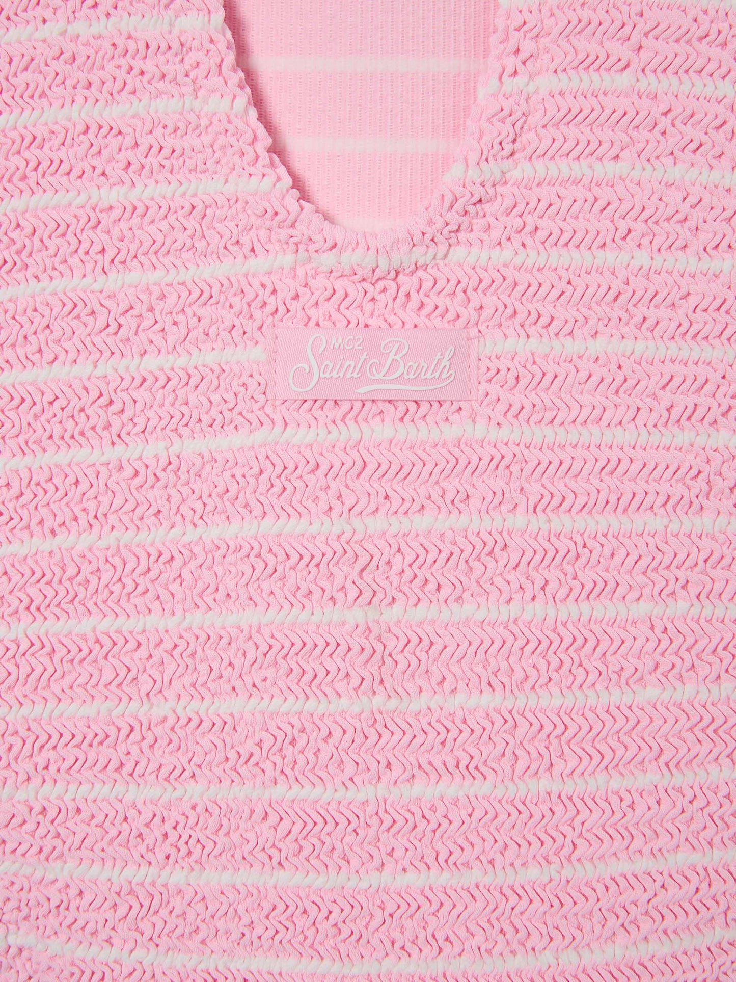 Costume intero Cara in tessuto crinkle a righe rosa e bianche
