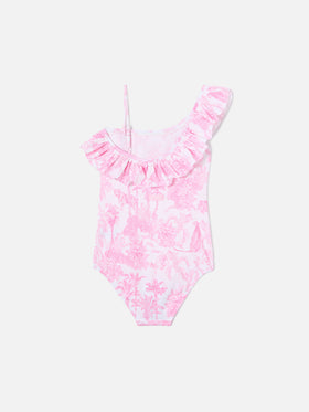 Costume intero monospalla Carin con stampa toile de jouy rosa