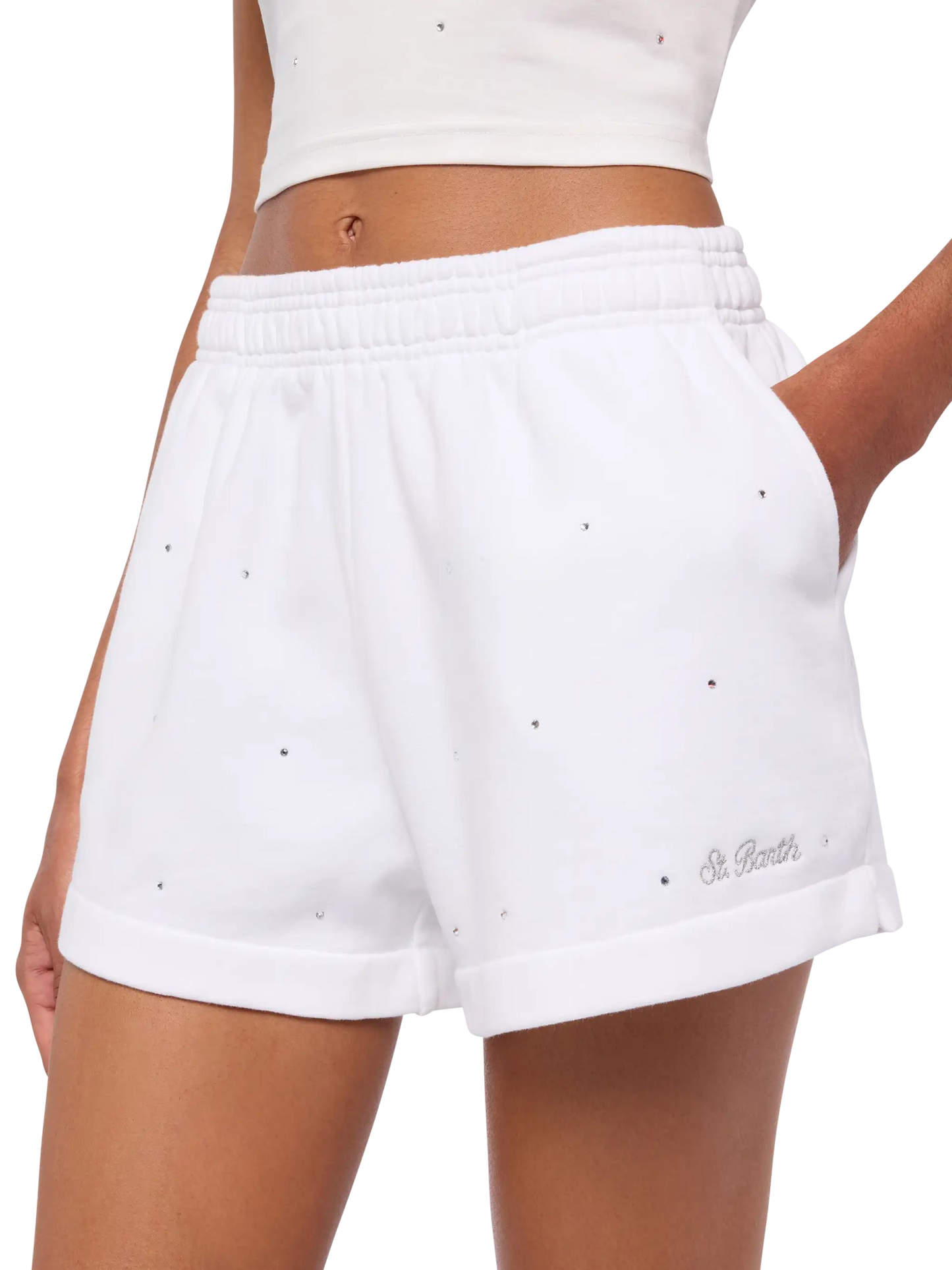 Cate white cotton pull up shorts with striped rhinestone embellishment - MC2 Saint Barth