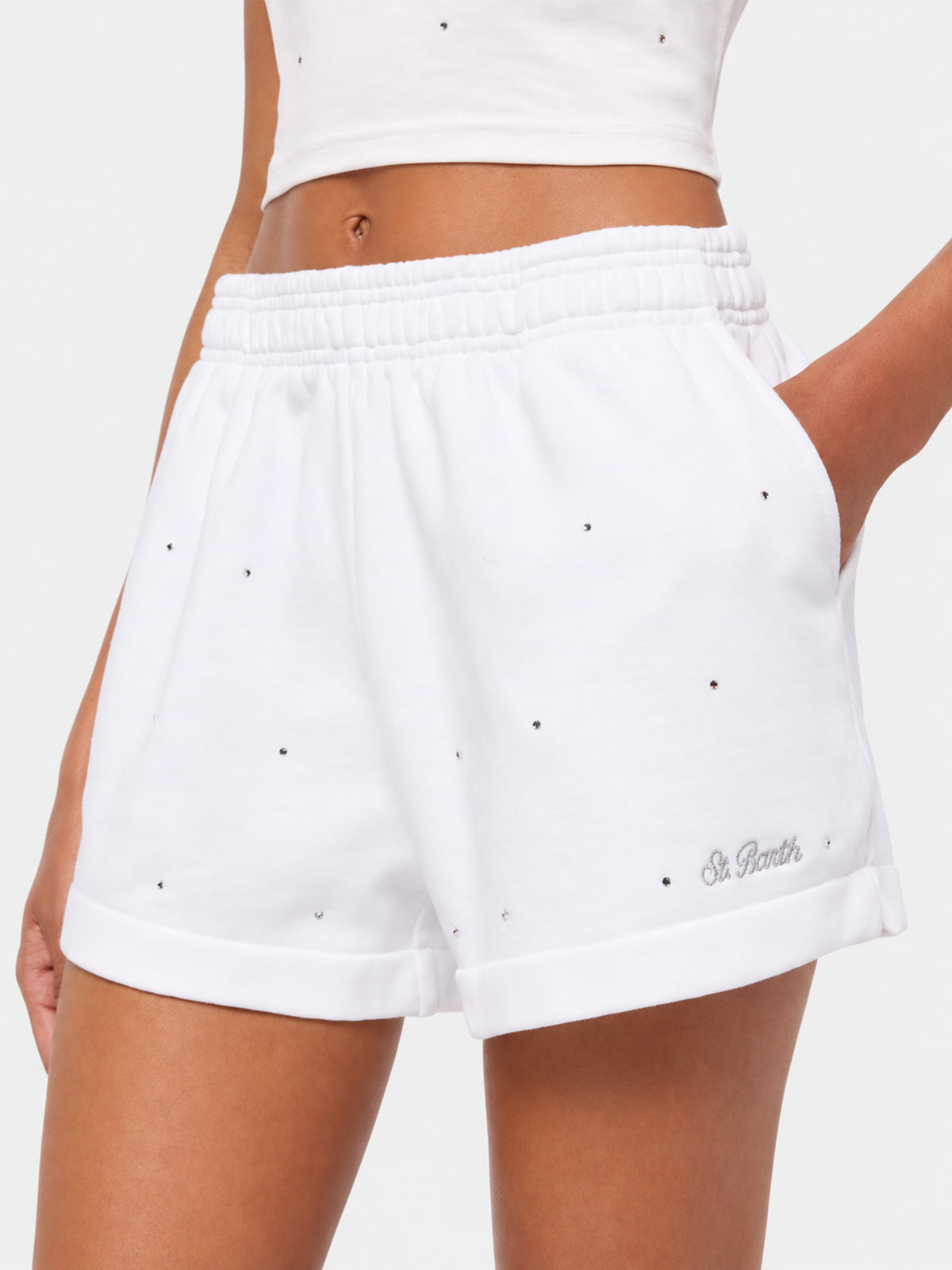 Short de jogging Cate en coton blanc avec ornement de strass rayés 