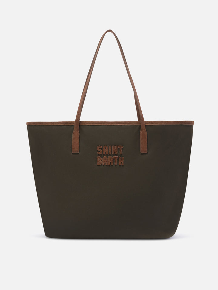 Borsa Large City verde militare in tessuto cerato con ricamo logo