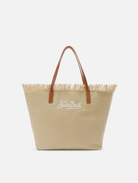 Borsa City regular in canvas beige con frange