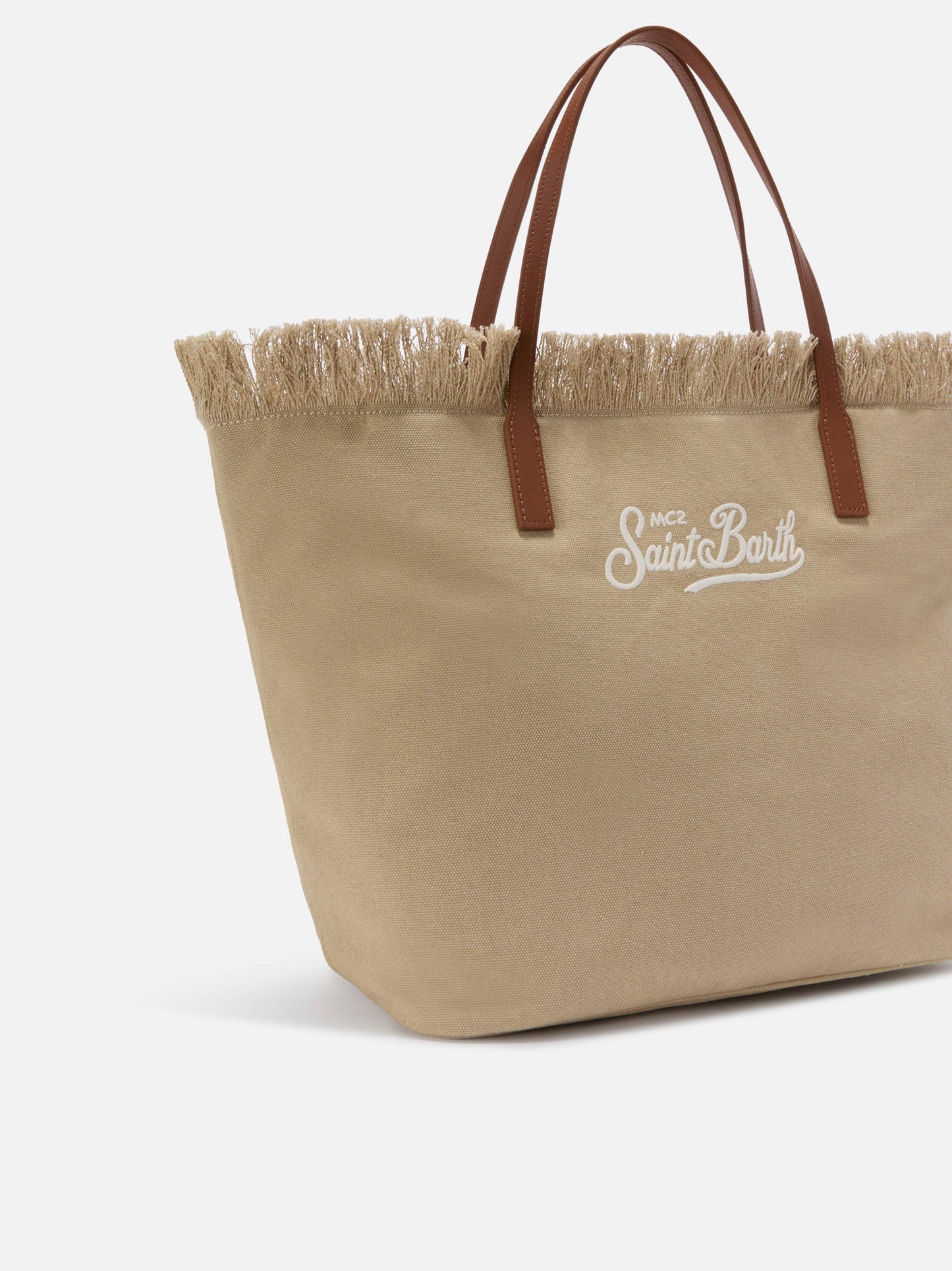 Borsa City regular in canvas beige con frange
