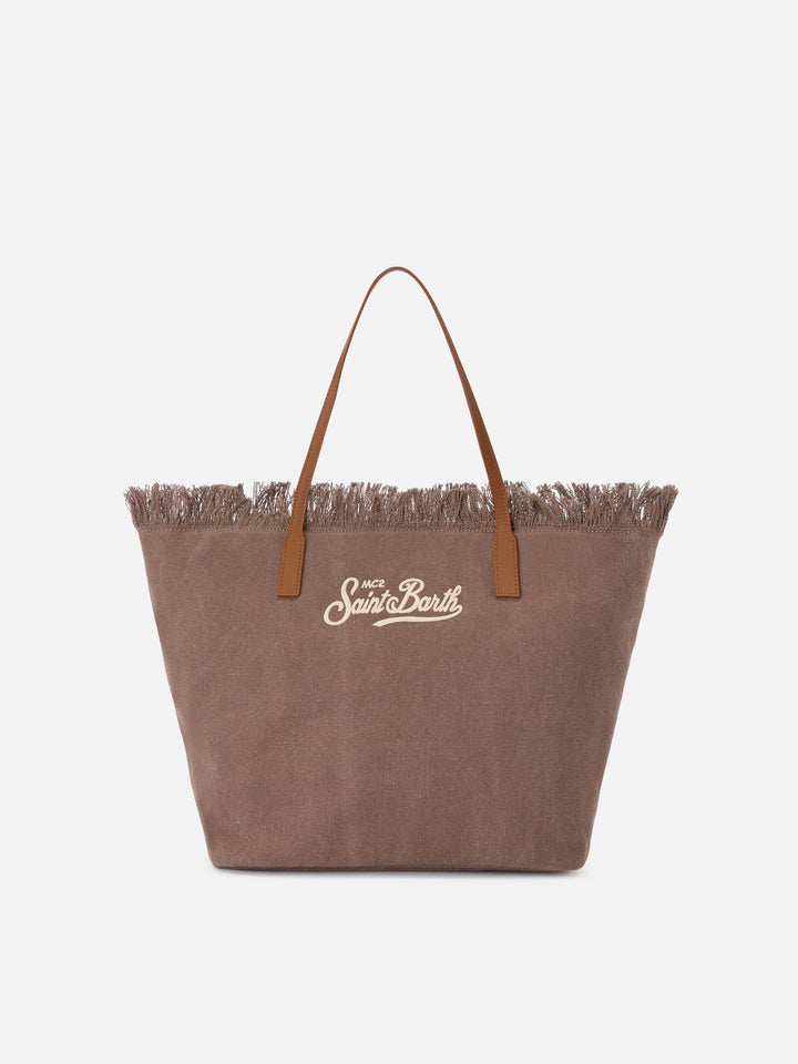 Borsa City regular in canvas marrone con frange