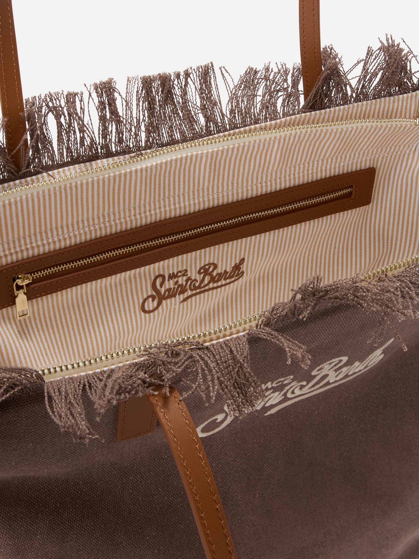 Borsa City regular in canvas marrone con frange
