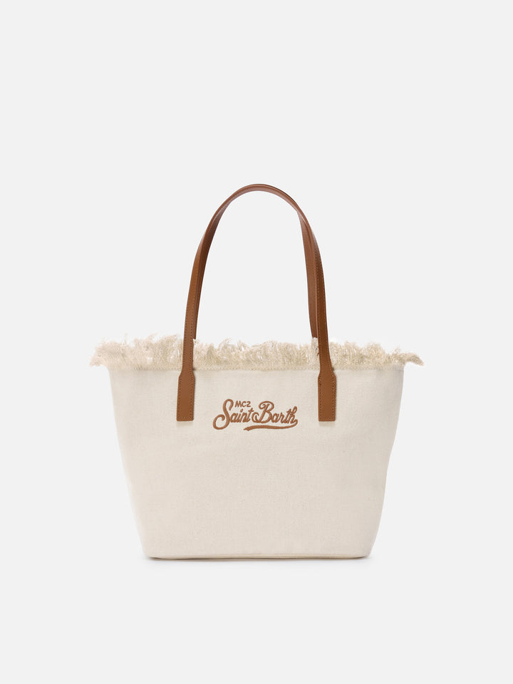 Borsa shopper City medium bianca in canvas con frange