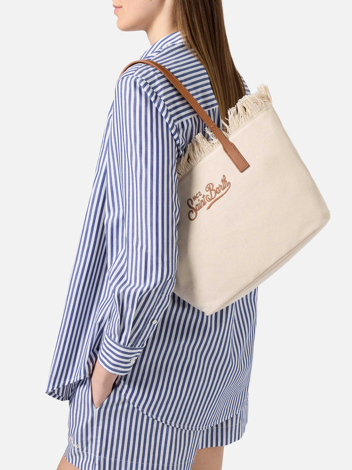 Borsa shopper City medium bianca in canvas con frange