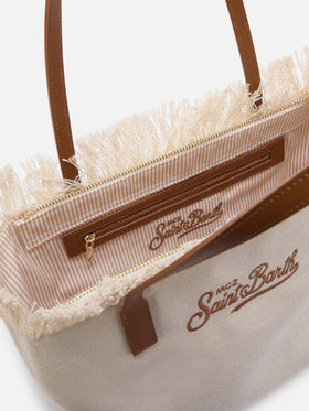 White medium City canvas shopper bag with fringes
