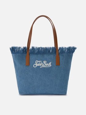 Borsa shopper City medium in tessuto denim con frange