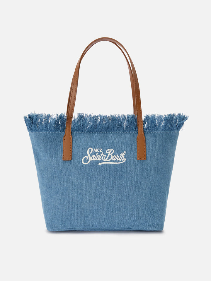 Borsa shopper City medium in tessuto denim con frange