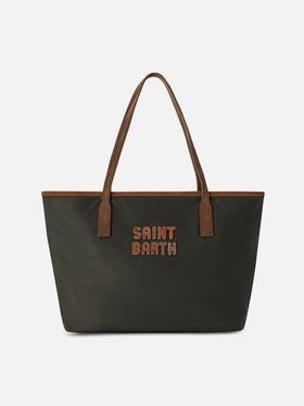 Borsa Medium City verde militare in tessuto cerato con ricamo logo