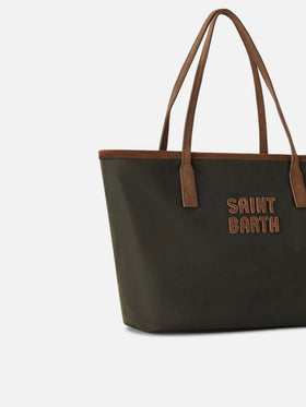 Borsa Medium City verde militare in tessuto cerato con ricamo logo