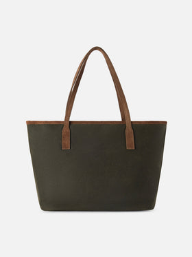 Borsa Medium City verde militare in tessuto cerato con ricamo logo