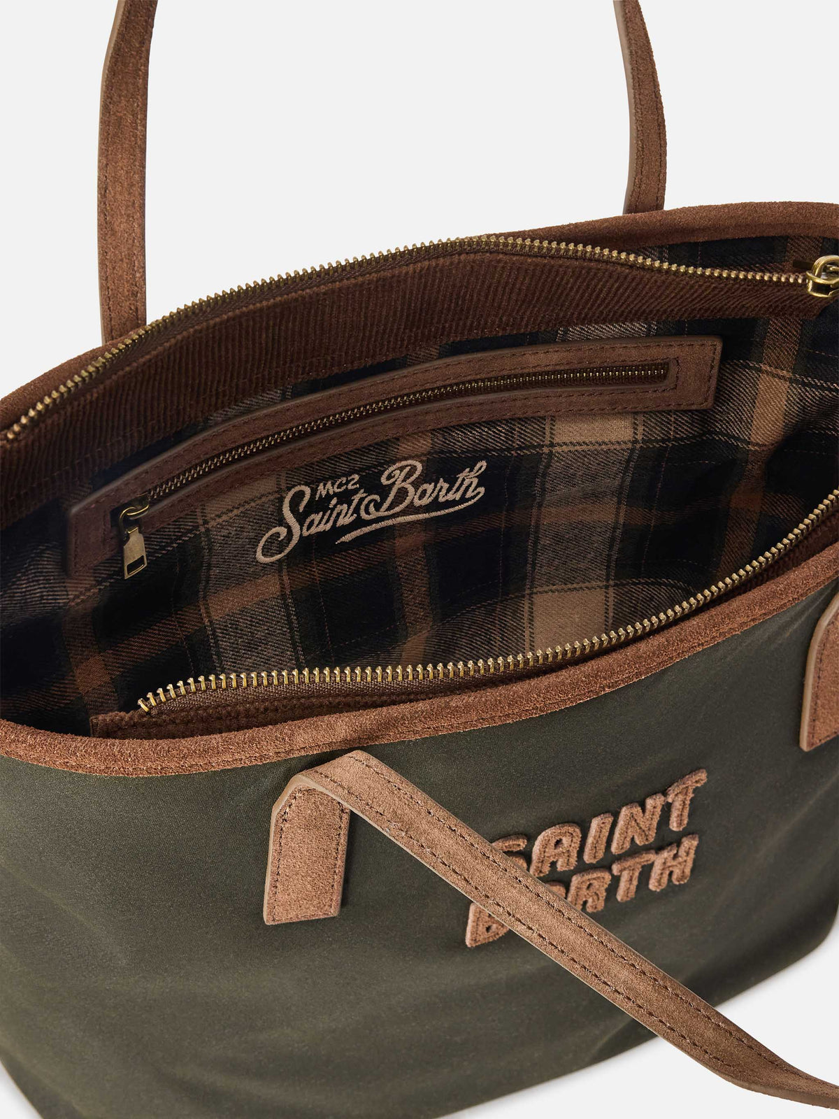Borsa Medium City verde militare in tessuto cerato con ricamo logo