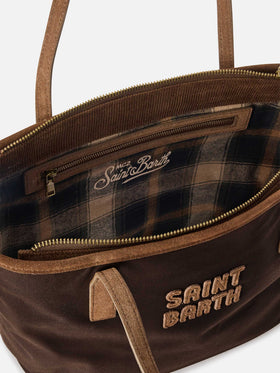 Braune gewachste Medium City Tasche mit Logo-Stickerei 