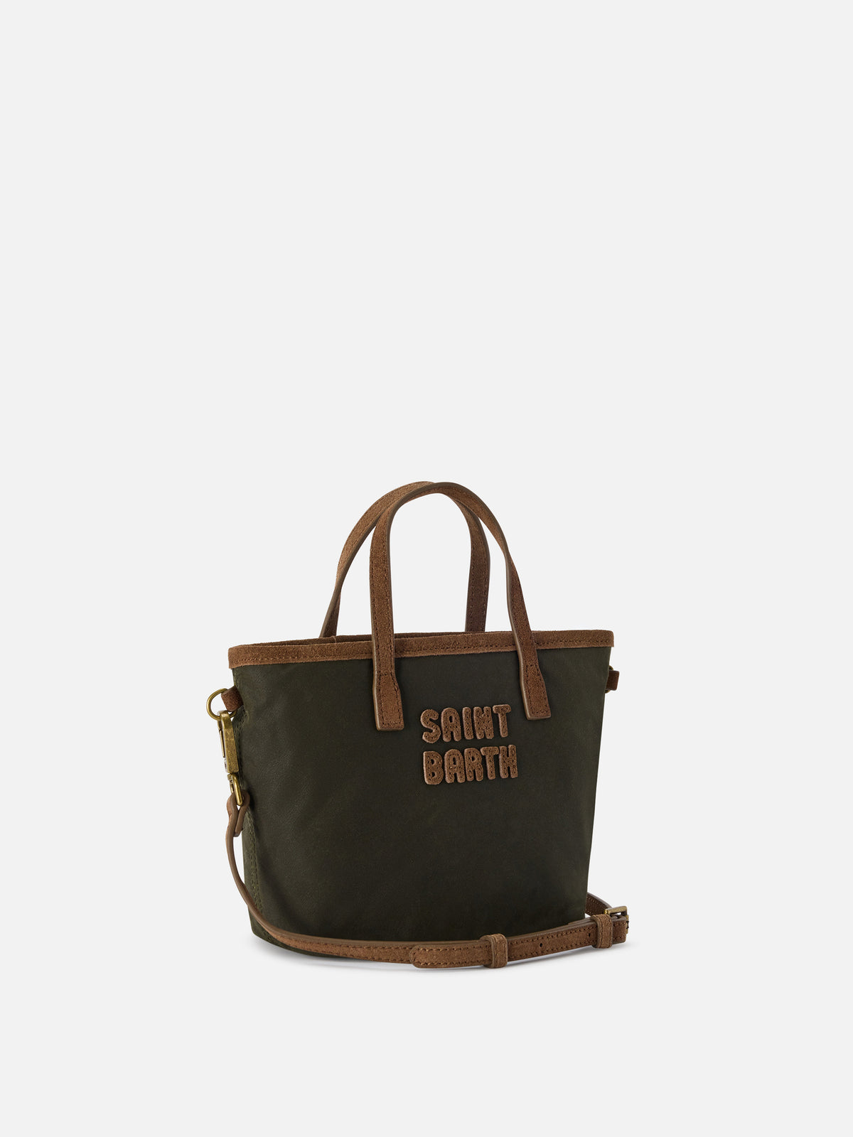 Borsa Mini City verde militare in tessuto cerato con ricamo logo