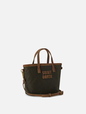 Borsa Mini City verde militare in tessuto cerato con ricamo logo