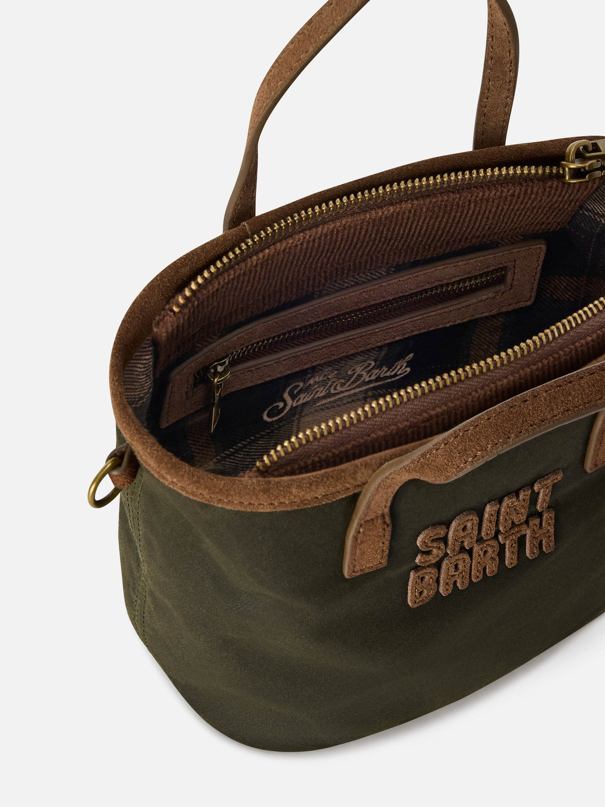 Borsa Mini City verde militare in tessuto cerato con ricamo logo