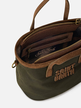 Borsa Mini City verde militare in tessuto cerato con ricamo logo