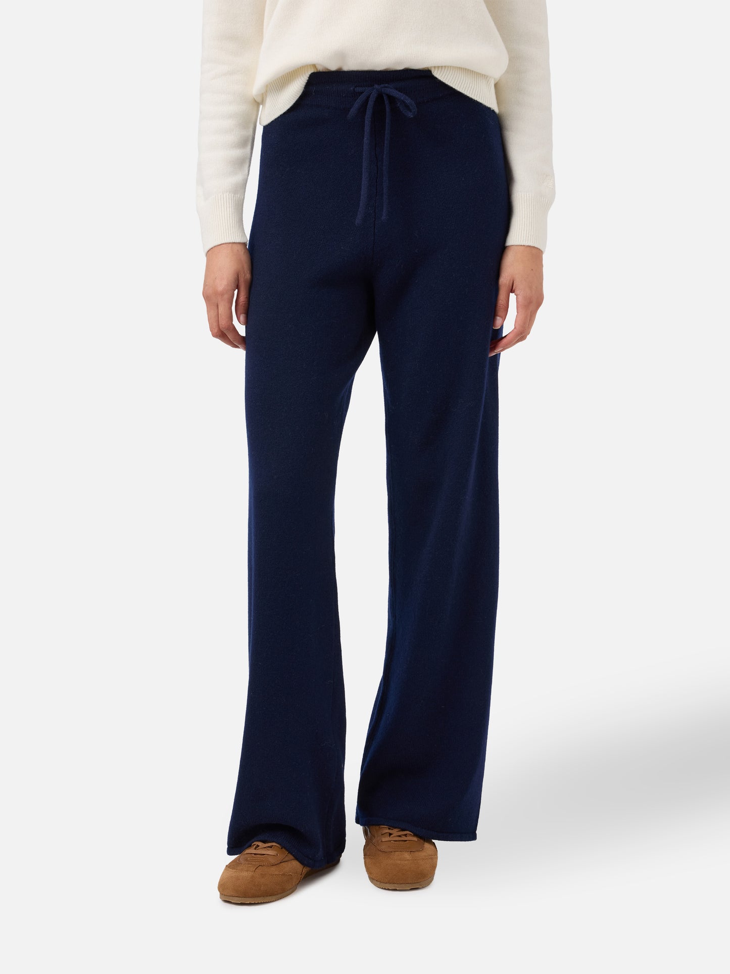 Pantaloni palazzo Cambon in pura lana blu notte a vita alta con coulisse