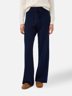 Pantaloni palazzo Cambon in pura lana blu notte a vita alta con coulisse