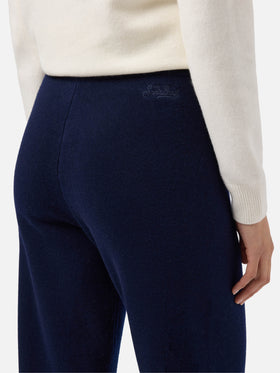 Pantaloni palazzo Cambon in pura lana blu notte a vita alta con coulisse