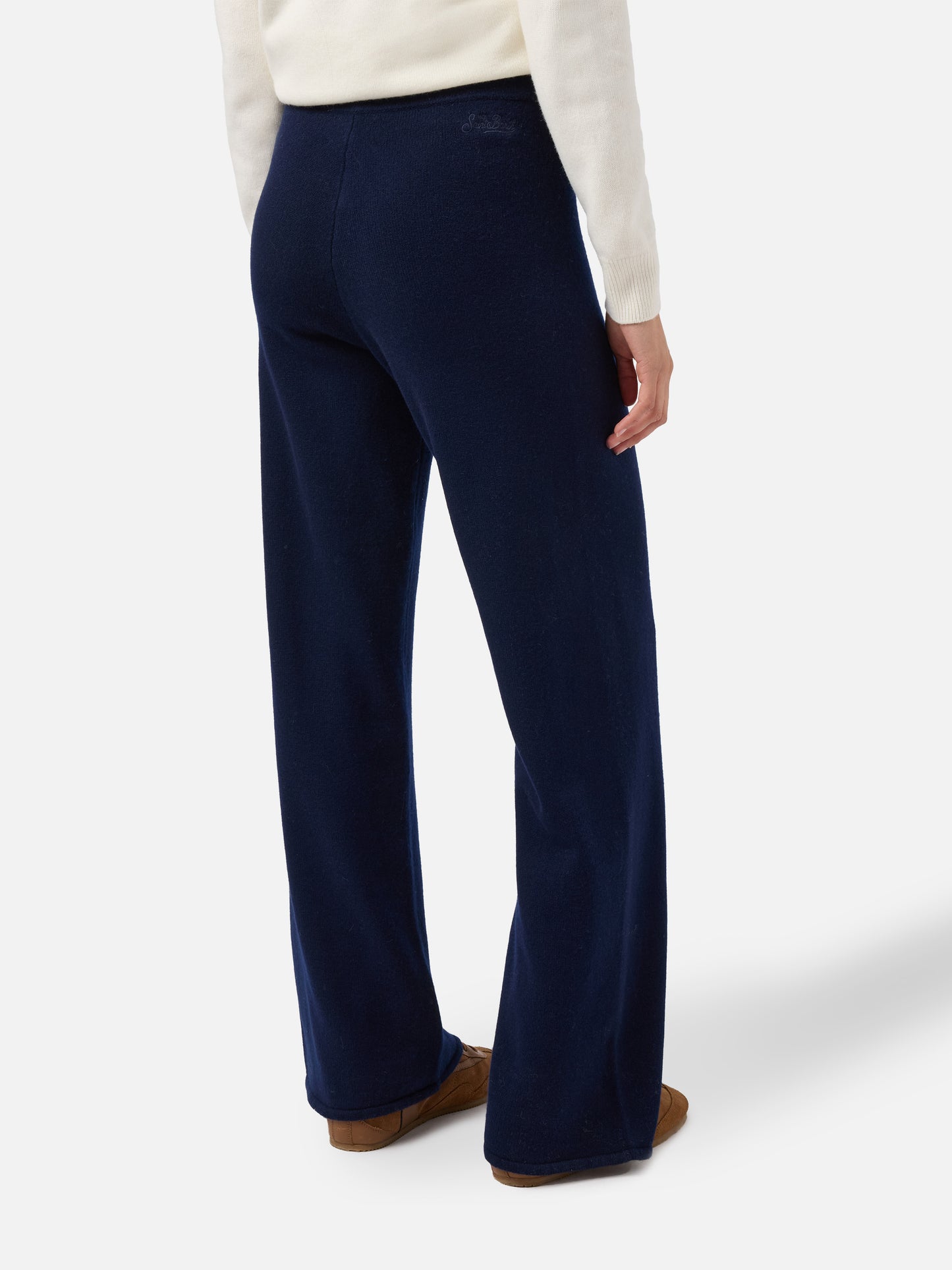 Pantaloni palazzo Cambon in pura lana blu notte a vita alta con coulisse