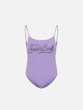 Cecille Jr one-piece shiny swimsuit with rhinestone logo - MC2 Saint Barth
