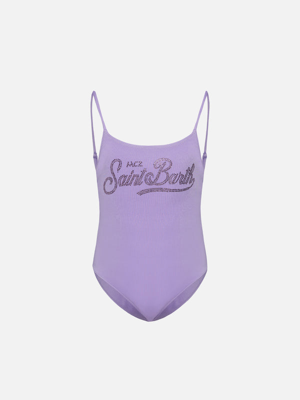 Cecille Jr one-piece shiny swimsuit with rhinestone logo