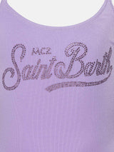 Cecille Jr one-piece shiny swimsuit with rhinestone logo