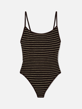 Costume intero Cecille String in tessuto crinkle a righe marroni e bianche