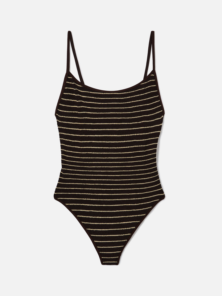 Cecille String one-piece swimsuit in brown and white striped crinkle fabric