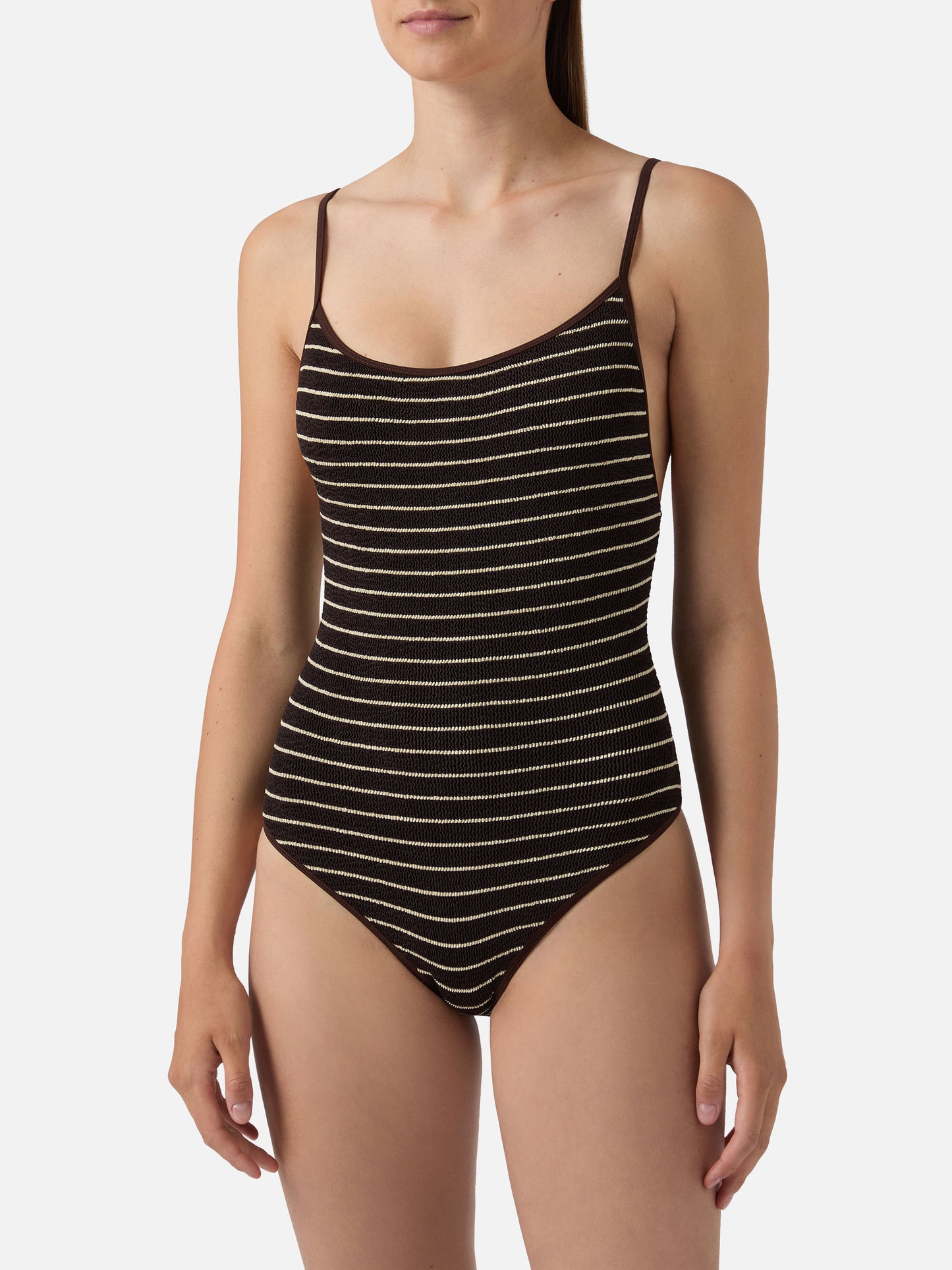 Costume intero Cecille String in tessuto crinkle a righe marroni e bianche