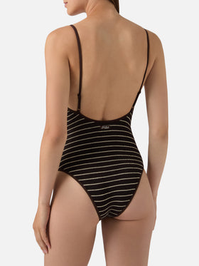 Costume intero Cecille String in tessuto crinkle a righe marroni e bianche
