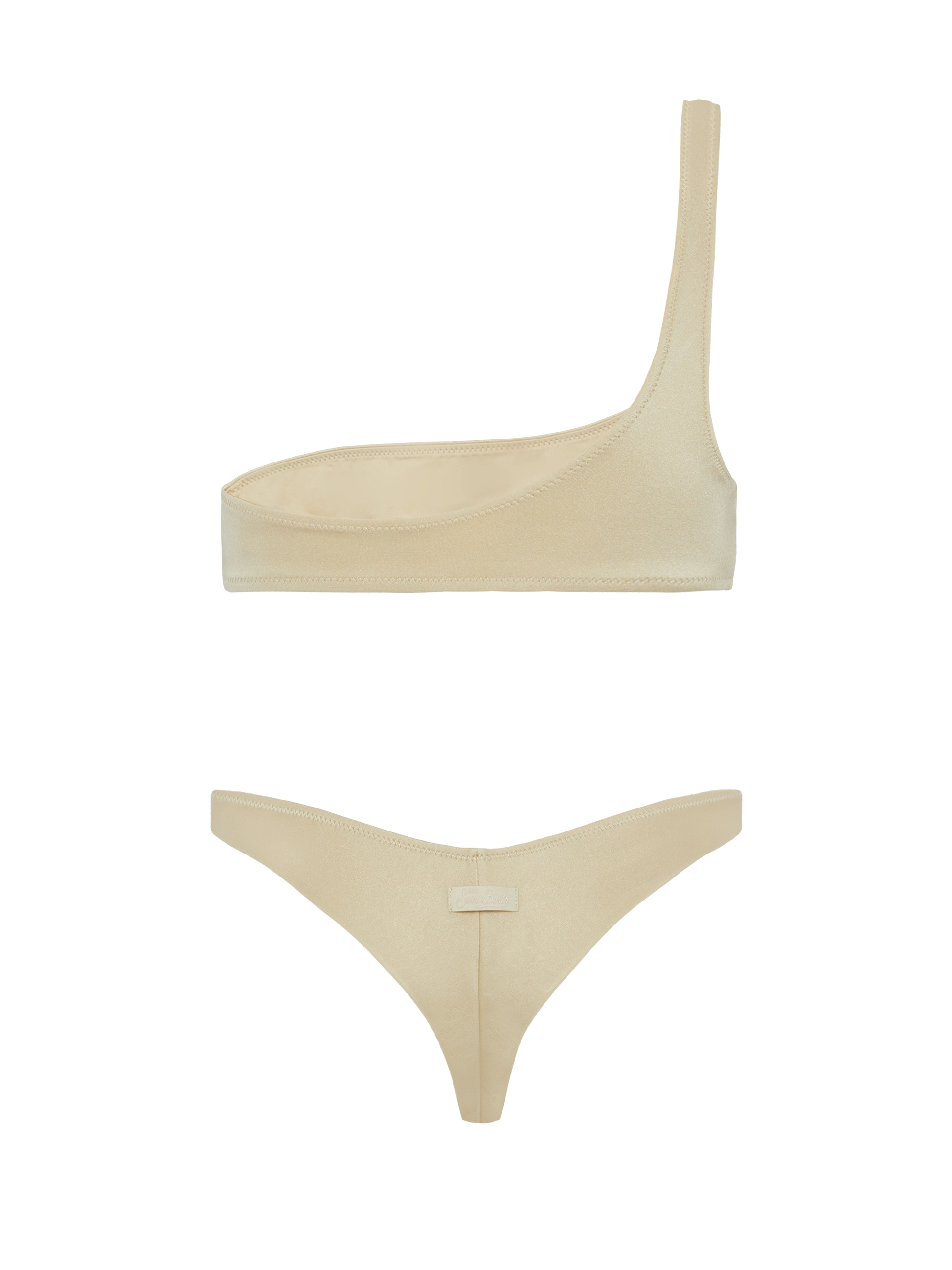 Celestine Naomi shimmer gold bikini with one-shoulder bralette top and cheeky briefs - MC2 Saint Barth