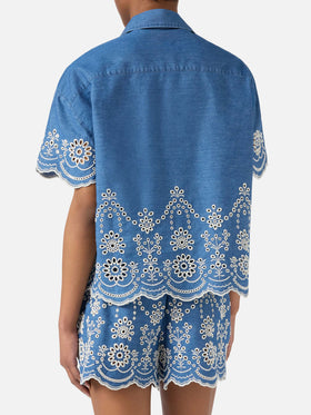 Camicia Clementine a maniche corte in chambray con ricamo floreale