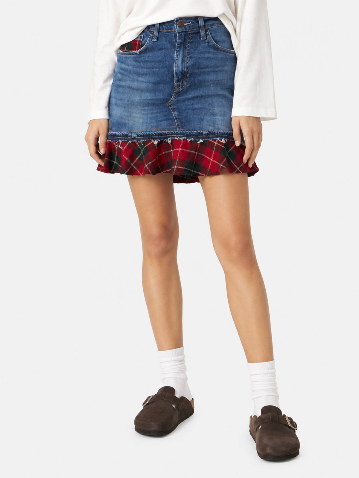 Chelsy denim skirt with tartan details