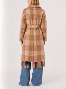 Brown Charlot long coat with fringes and check pattern