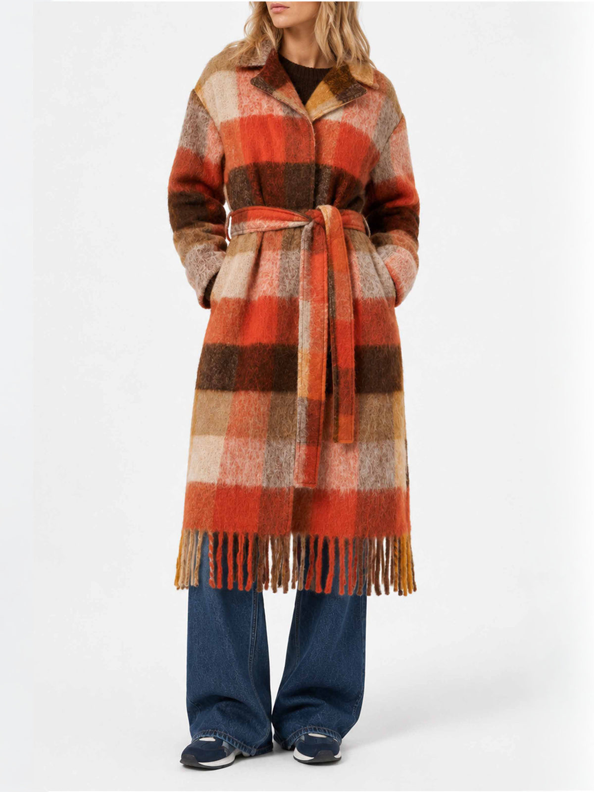 Cappotto lungo Charlot con frange a quadri