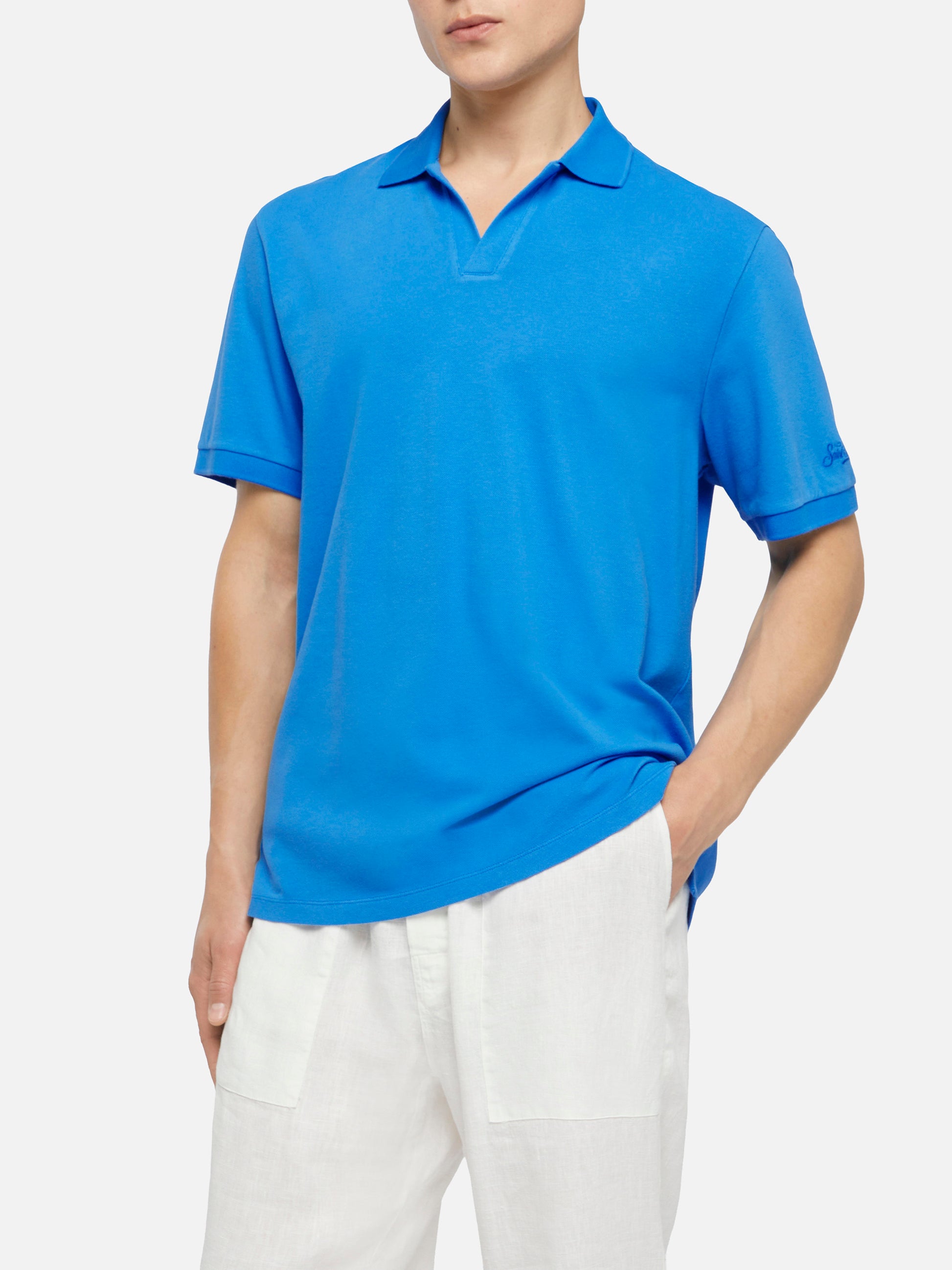 Bluette cotton piquet buttonless polo shirt Charles - MC2 Saint Barth