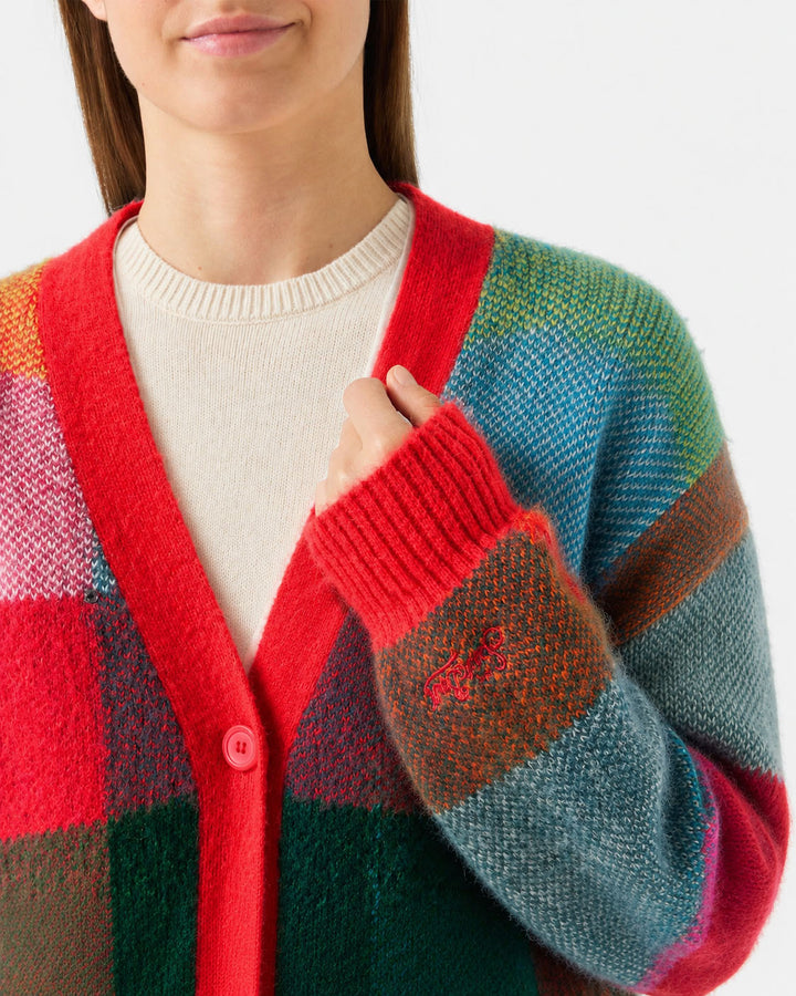 Weiche gebürstete mehrfarbig karierte Strickjacke Chloe mit Strassverzierung 